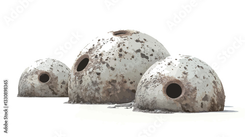 The image shows three irregularly shaped, spherical objects covered in mud.  They appear to be made of a light-colored material, possibly clay,  with small, roughly hewn holes visible on their