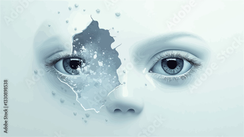 Close-up view of a 3D rendered face, seemingly made of white or light-blue material.  The face is bisected; one half is intact, while the other is fractured and displays a disintegration effect,