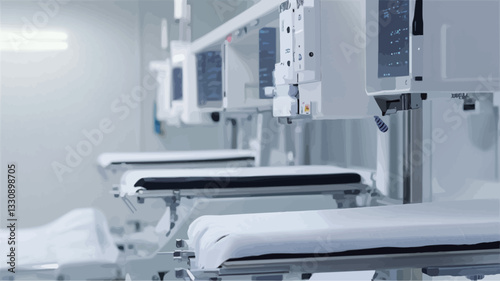 The image shows the interior of a medical examination room.  The room is brightly lit and predominantly white.  The focus is on several examination tables with white linens, each positioned beneath