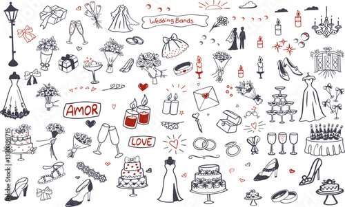 Elegant wedding themed illustrations featuring dresses, rings, and decorations evoke romance and celebration