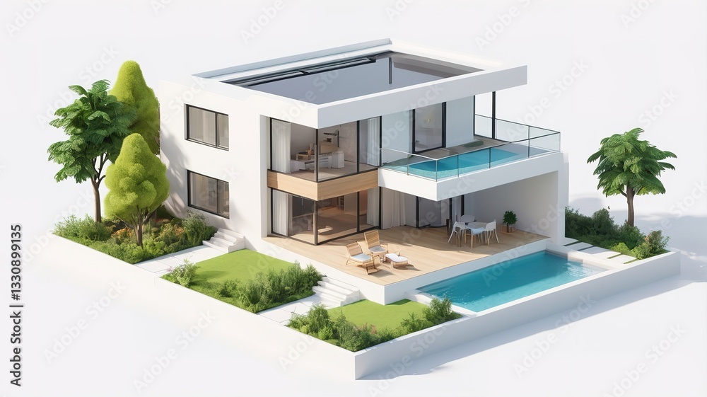 Fototapeta premium A small modern minimalist house isometric perspective,&nbsp;3D model miniature