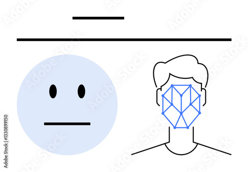 Minimalist design showing emotion recognition grid on human face alongside neutral emoticon. Ideal for technology, AI, human behavior, psychology, emotions, data analysis, flat simple metaphor