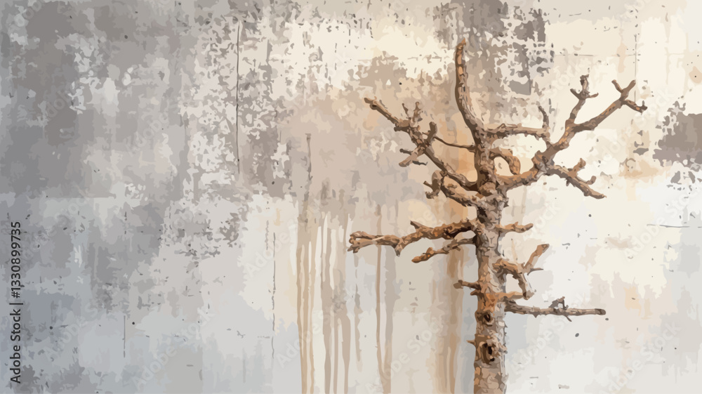 Close-up shot of a dried, light brown branch leaning against a wall with a heavily textured, mottled surface. The wall shows significant signs of age, with discoloration, cracks, and peeling paint