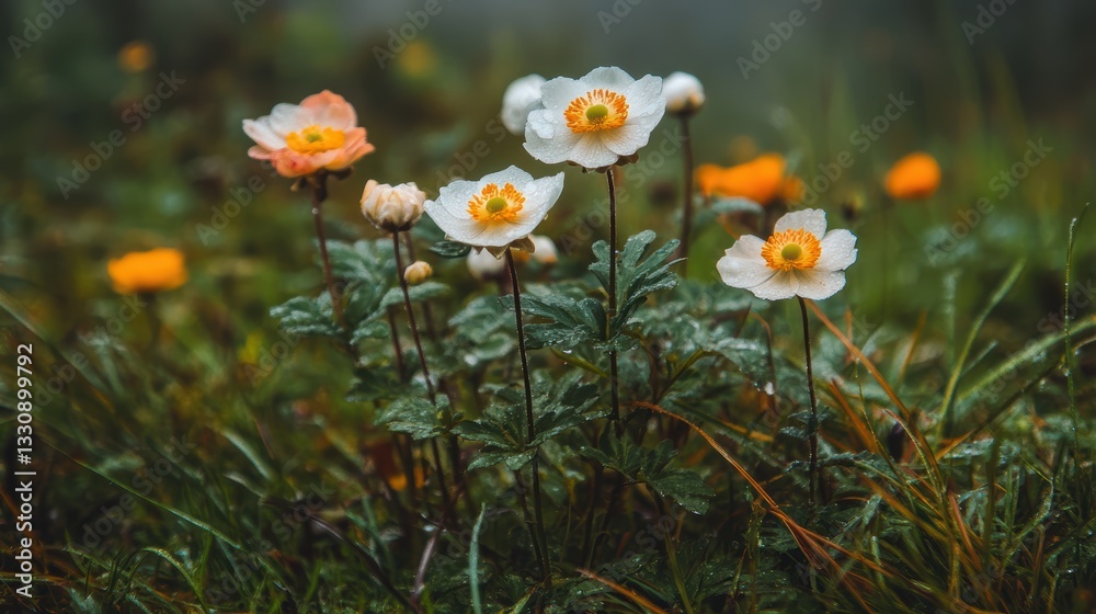 Misty meadow wildflowers in bloom. Misty meadow wildflowers in bloom.