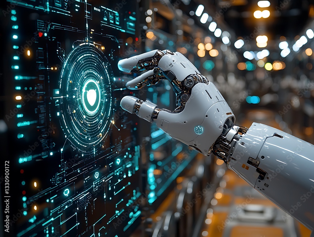 Fototapeta premium Robot Arm Controls Tech Panel in Factory.