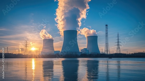 Modern Nuclear Power Plant with Cooling Towers at Sunset – Energy & Infrastructure photo