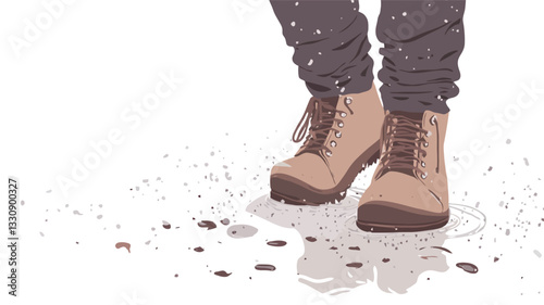 A stylized illustration depicting a pair of light brown lace-up boots standing in a puddle of water on a light-colored ground.  The boots are shown from the ankles down, with the lower portion of a