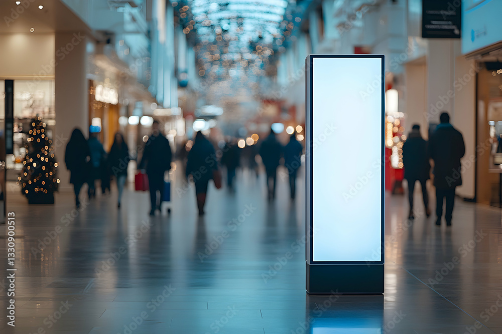 Fototapeta premium Illuminated blank advertising display in modern shopping center during the holiday season providing promotional space