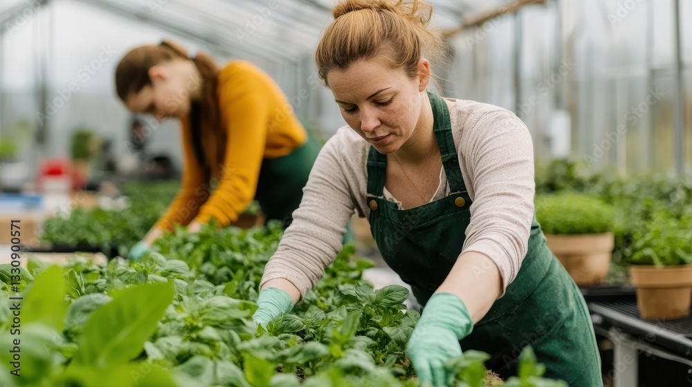 custom made wallpaper toronto digitalWomen Cultivating Fresh Herbs in a Greenhouse – Sustainable Farming & Gardening