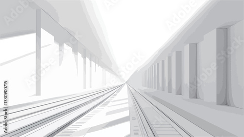 The image depicts a digitally rendered, abstract architectural scene.  The perspective is a long shot down a corridor with parallel tracks or rails running down the center. The walls are white and