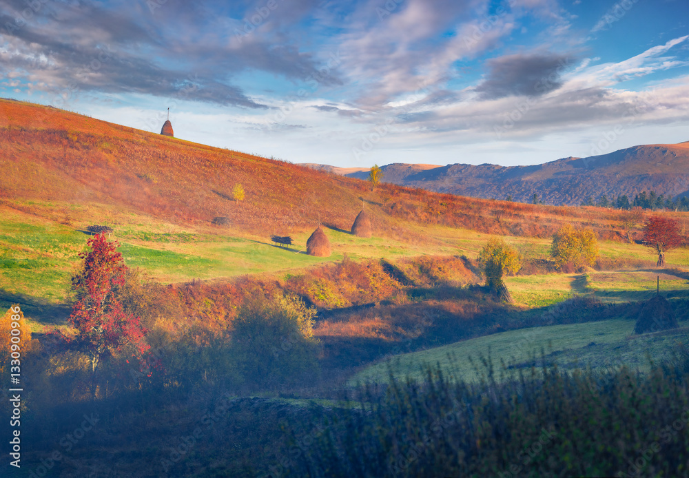 Misty autumn view of mountain countryside, Ukraine, Europe. Picturesque morning scene of Carpathian mountains, Bukovets village location. Beauty of countryside concept background..