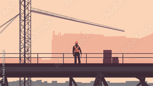 The image is a vector illustration depicting a lone construction worker standing on a platform or walkway overlooking a construction site at dusk. The worker is silhouetted against a muted orange
