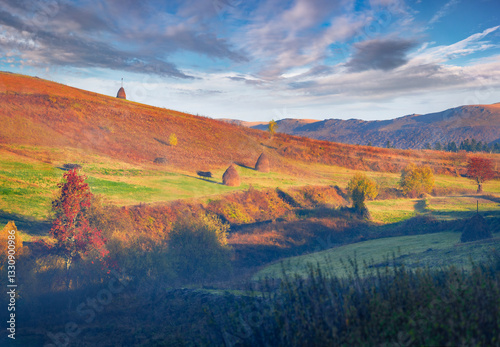 Obraz na płótnie Misty autumn view of mountain countryside, Ukraine, Europe. Picturesque morning scene of Carpathian mountains, Bukovets village location. Beauty of countryside concept background.. w salonie