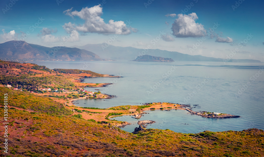 Long phocus view of Saint Phocas church. Amazing outdoor scene of Peloponnese peninsula, Greece, Europe. Beautiful summer seascape of Mediterranean Sea.Traveling concept background..