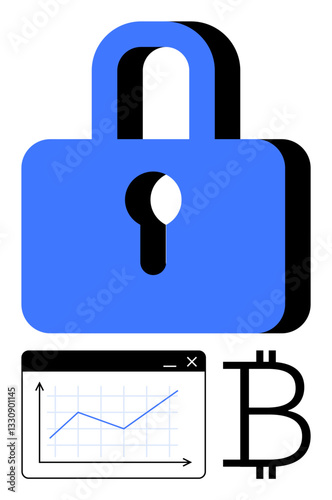 Blue lock, upward graph in browser window, and Bitcoin symbol emphasize cryptocurrency security, blockchain, data growth, and finance. Ideal for fintech, investment, security crypto technology