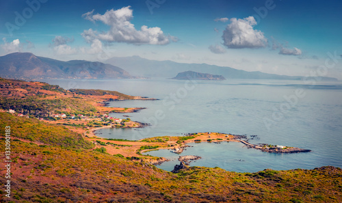 Obraz na płótnie Long phocus view of Saint Phocas church. Amazing outdoor scene of Peloponnese peninsula, Greece, Europe. Beautiful summer seascape of Mediterranean Sea.Traveling concept background.. w salonie