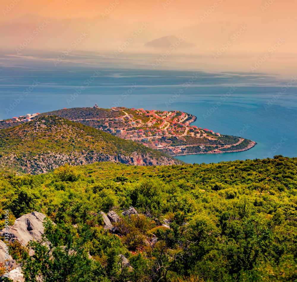 Great summer sunrise on Arkadiko Chorio village. Astonishing outdoor scene of Peloponnese peninsula, Greece, Europe. Spectacular Mediterranean seascape. Traveling concept background.