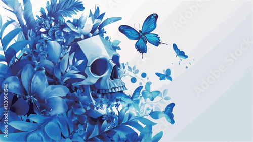 A digital illustration depicting a human skull partially obscured by stylized blue flowers and surrounded by blue butterflies. The skull is rendered in a realistic style with visible bone texture,