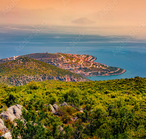 Obraz na płótnie Great summer sunrise on Arkadiko Chorio village. Astonishing outdoor scene of Peloponnese peninsula, Greece, Europe. Spectacular Mediterranean seascape. Traveling concept background. w salonie