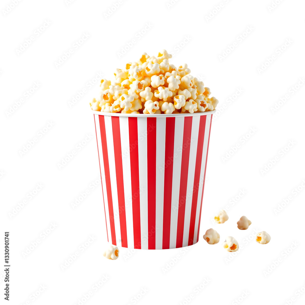 Delicious Popcorn in Striped Container Isolated on White Background Delicious Popcorn in Striped Container Isolated on White Background
