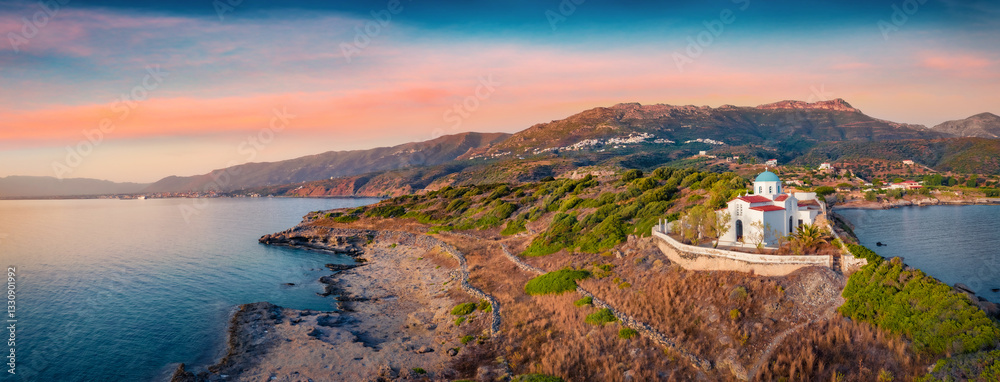 Panoramic summer view of Agia Paraskevi Church. Stunning evening scene of Peloponnese peninsula, Greece, Europe. Beautiful summer seascape of Ionian sea. Traveling concept background..
