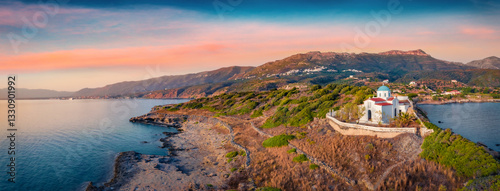 Obraz na płótnie Panoramic summer view of Agia Paraskevi Church. Stunning evening scene of Peloponnese peninsula, Greece, Europe. Beautiful summer seascape of Ionian sea. Traveling concept background.. w salonie
