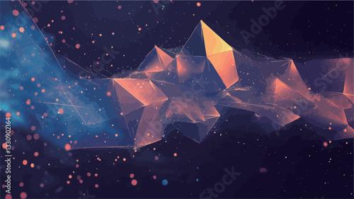 The image showcases an abstract composition featuring numerous geometric shapes, primarily triangular and pyramidal forms.  These shapes are rendered in shades of deep blue and warm orange, with