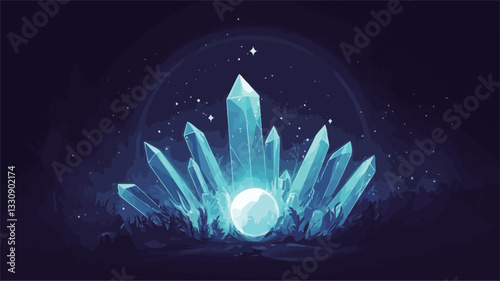 Digital illustration depicting a cluster of stylized, glowing blue crystals. The crystals are various heights and shapes, radiating light from a central, glowing orb. The background is a dark blue,