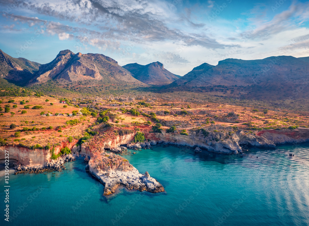 Aerial summer view of popular tourist destination - Geopark of Agios Nikolaos, also known as Petrified Forest. Splendid summer scene of Peloponnese, Greece. Nice Mediterranean seascape.