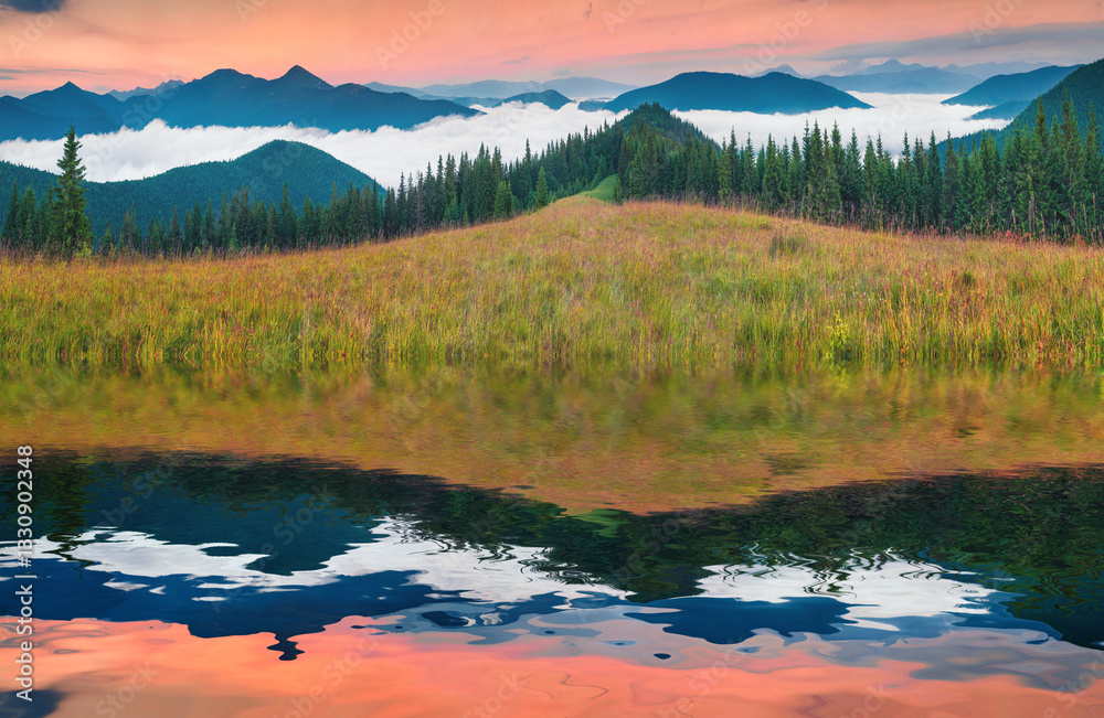 Foggy morning panorama of Carpathian mountains.