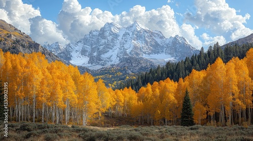 Golden aspen trees in autumn with snow-capped mountains.