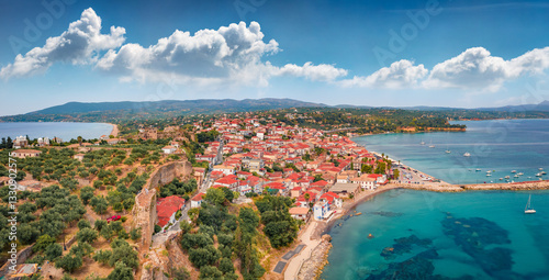 Obraz na płótnie Exciting view from flying drone of Koroni town, Messenia, Peloponnese, Greece, Europe. Breathtaking morning seascape of Ionia sea. Traveling concept background. w salonie