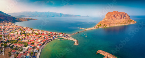 Obraz na płótnie Panoramic morning view from flying drone of Monemvasia island. Stunning summer scene of Peloponnese peninsula, Greece, Europe. Beautiful seascape of Myrtoan Sea. w salonie
