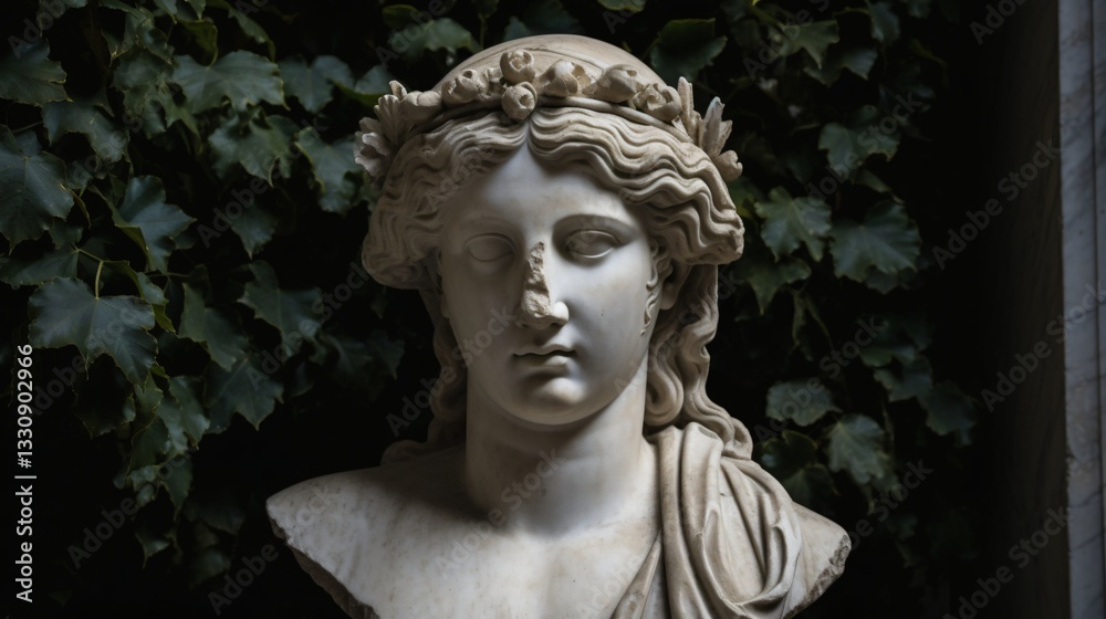 Classical Marble Bust of a Woman with a Floral Wreath Against a Dark Leafy Background Classical Marble Bust of a Woman with a Floral Wreath Against a Dark Leafy Background