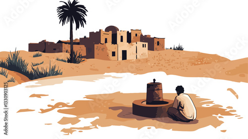 A stylized illustration depicting a young child kneeling beside a well in a desert setting.  The background features a small village of simple, earthen-toned buildings under a clear sky. A single