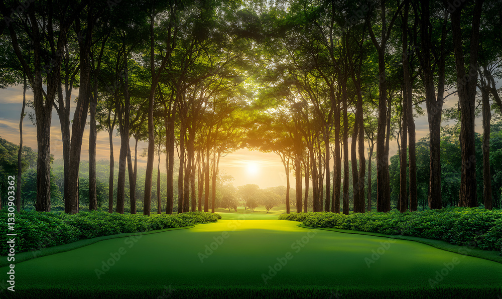 Obraz premium Serene sunrise through trees lining a lush green golf course fairway. Peaceful morning scene.