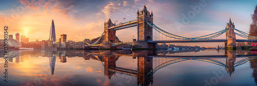 Cityscape of Tower Bridge at Sunset with Union Jack Flag, London, UK - A Blend of History & Modernity