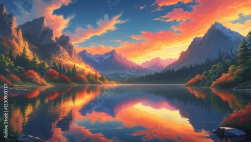 Autumn Sunrise Over Mountain Lake Reflection