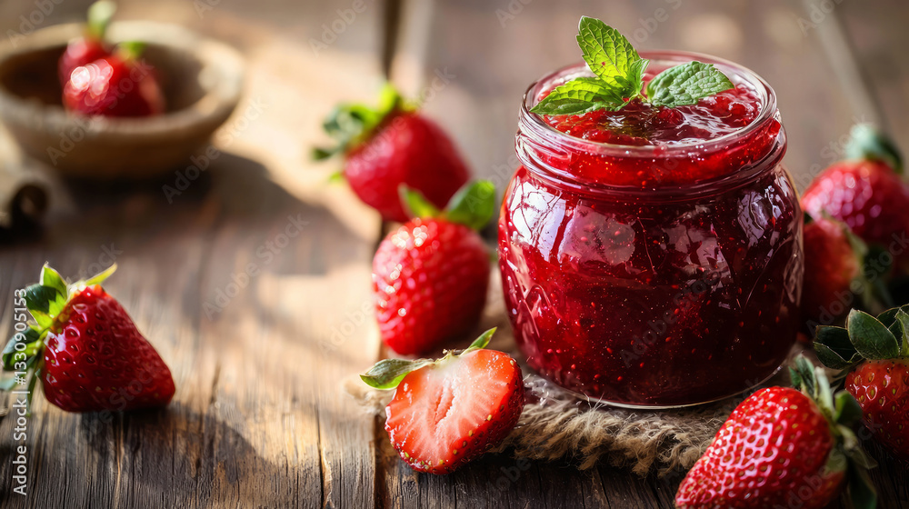 Strawberry jam in a glass jar, fresh strawberries surrounding it Strawberry jam in a glass jar, fresh strawberries surrounding it