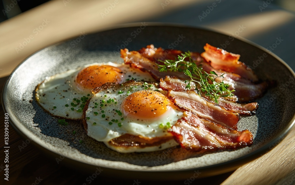 Two Sunny Side Up Eggs With Crispy Bacon On Speckled Plate Two Sunny Side Up Eggs With Crispy Bacon On Speckled Plate