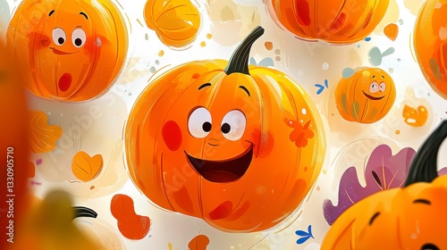 A whimsical wonderland unfolds with this seamless cartoon pumpkin pattern, each gourd radiating charm and cheer Funny expressions dance across their orange surfaces, inviting smiles and laughter This
