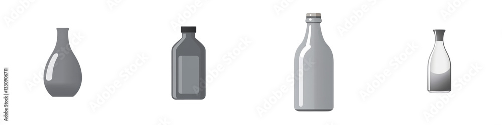 Collection of different gray scale bottle vectors on white background, used for liquid storage and containers isolated on white or transparent Collection of different gray scale bottle vectors on white background, used for liquid storage and containers isolated on white or transparent