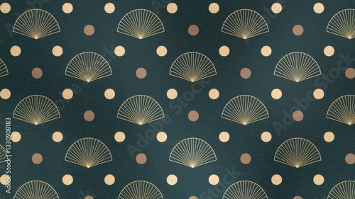 The golden fan-shaped and circular dots interweave