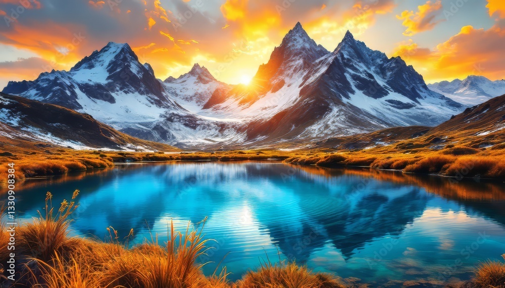Fototapeta premium A serene alpine lake mirrors the surrounding snow-capped mountains and golden sunset sky