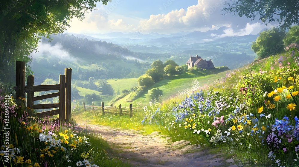 Fototapeta premium Sunny hill path, flowers, cottage, misty mountains