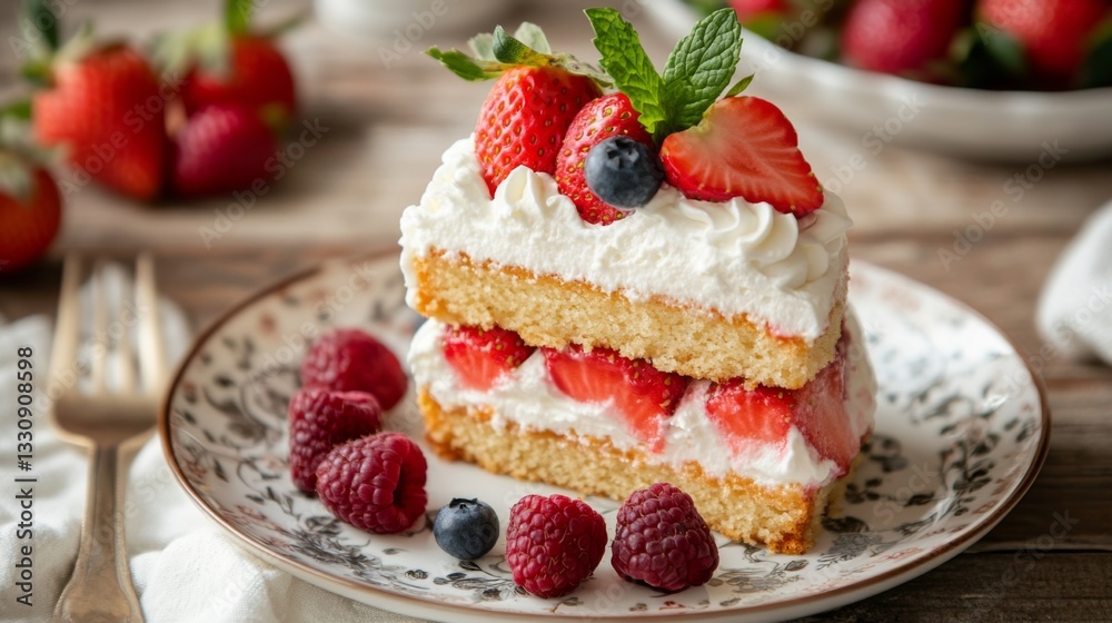 Delicious strawberry and cream layer cake with fresh berries on decorative plate Delicious strawberry and cream layer cake with fresh berries on decorative plate