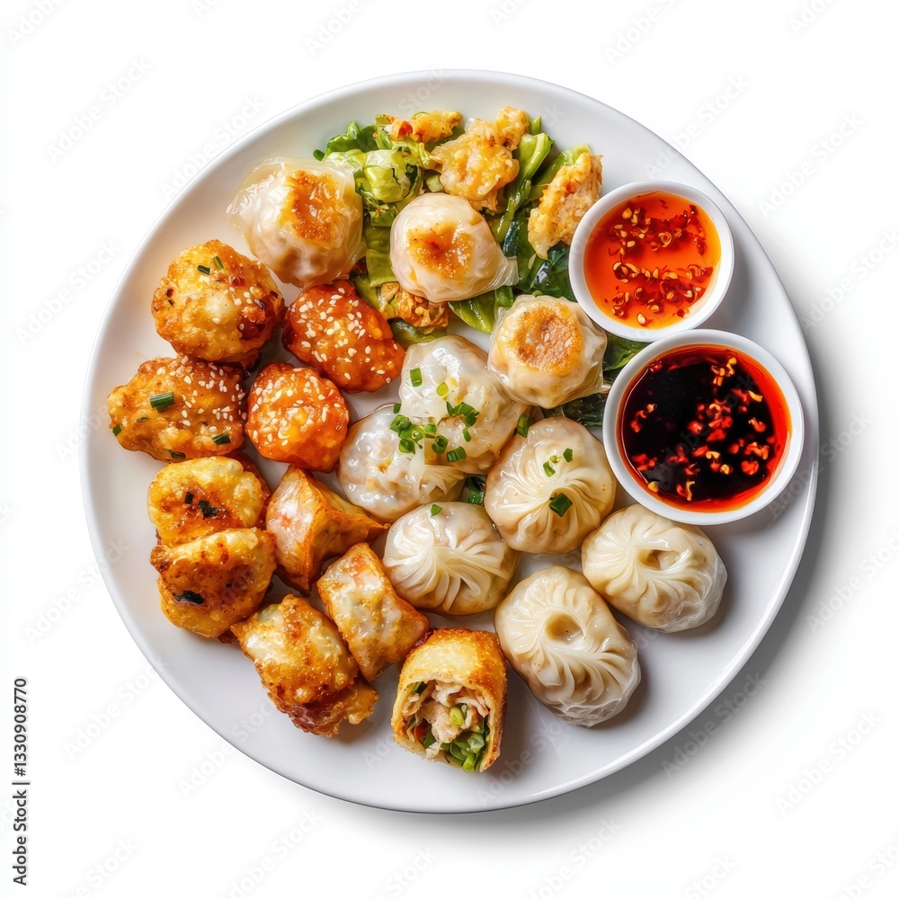 Aerial view of a platter of assorted dim sum including dumplings buns and spring rolls for sharing Aerial view of a platter of assorted dim sum including dumplings buns and spring rolls for sharing