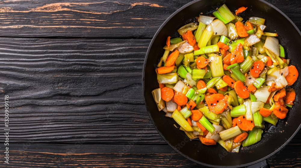 Stir fried leeks and carrots with soy sauce in pan on wooden background Stir fried leeks and carrots with soy sauce in pan on wooden background