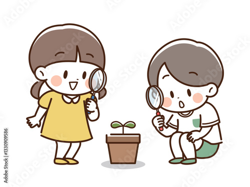 虫眼鏡_鉢植えを見るこども