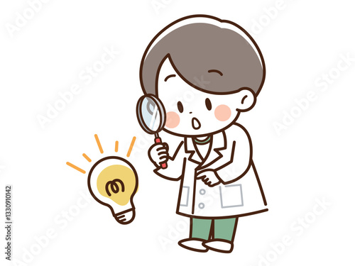 虫眼鏡_電球を指差す男の子